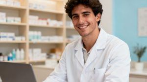 Farmacéutico sonriente en su farmacia, revisando el stock en las estanterías